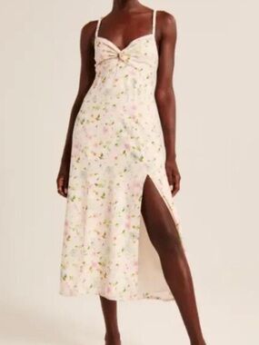 Abercrombie & Fitch Cream Floral Twist-Front Midi Dress